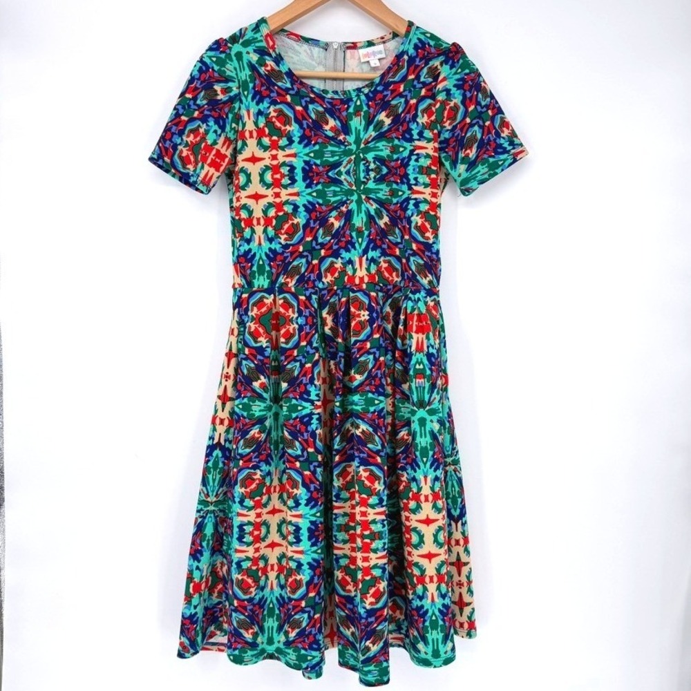 LuLaRoe Amelia Dress Multicolor Kaleidoscope Geometric Fit Flare Maximalist S
